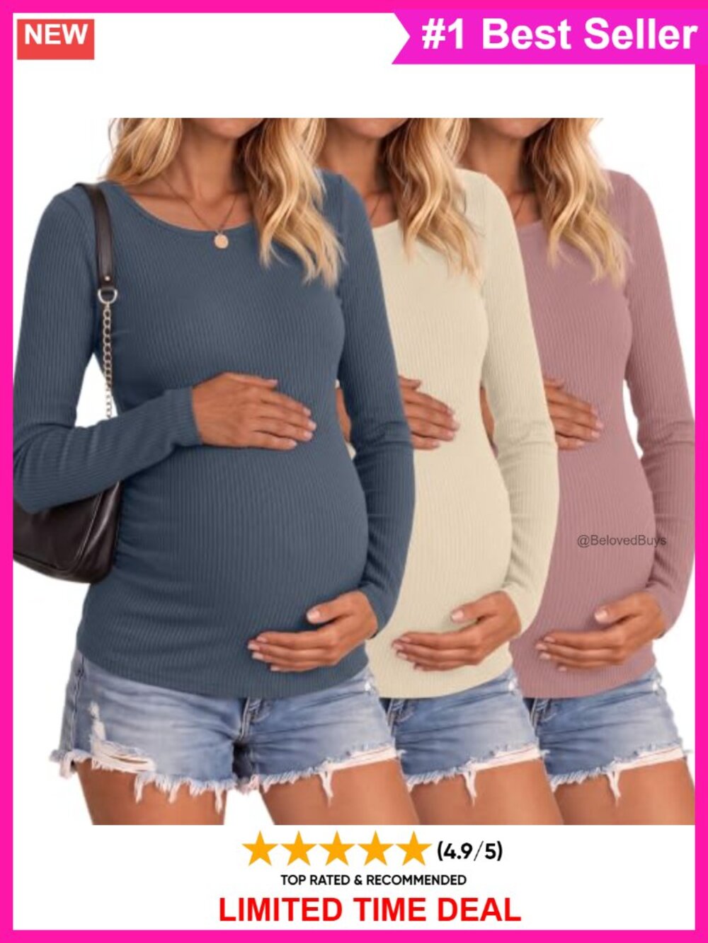 Maternity Long Sleeve Tops 3 Pack Cotton Spandex Ribbed Knit Tees